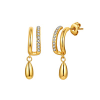 Pendientes de Aro en Forma de C de Doble Capa con Circonitas y Baño de Oro en Acero Inoxidable para Mujer, con Colgante de Gota de Agua, Joyería Moderna para Fiestas