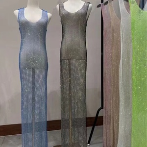 Jupes extensibles à manches longues en strass Jupe transparente Résille à strass Couverture col en V <span class=keywords><strong>Robe</strong></span> longue en cristal pour la fête - Product Image 1