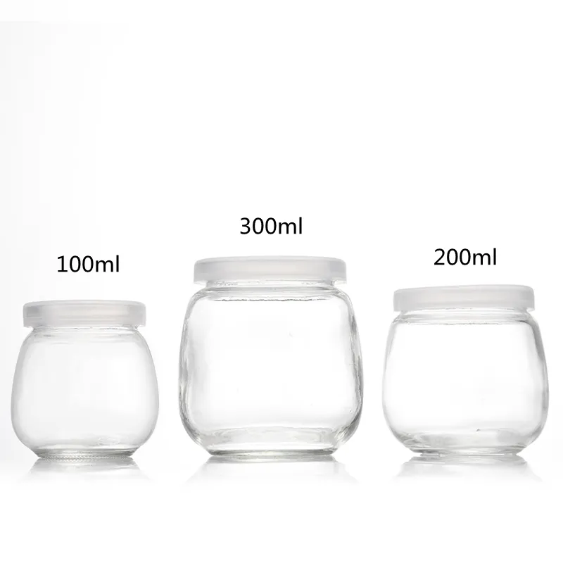 100ml 200ml 300mlヨーグルトプディングフレッシュフルーツ食品貯蔵ガラス瓶ボールタイプ丸型ガラス瓶プラスチック蓋付き