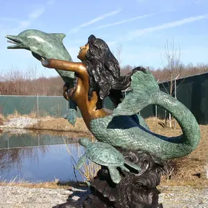 Melhor qualidade real tamanho sereia ornamento estátua bronze sereia e golfinho escultura