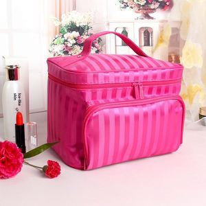 Bolsa de Maquillaje Profesional a Rayas, Organizador de Artículos de Aseo, Portátil, de Gran Capacidad, con Espejo, para Mujer - Product Image 2