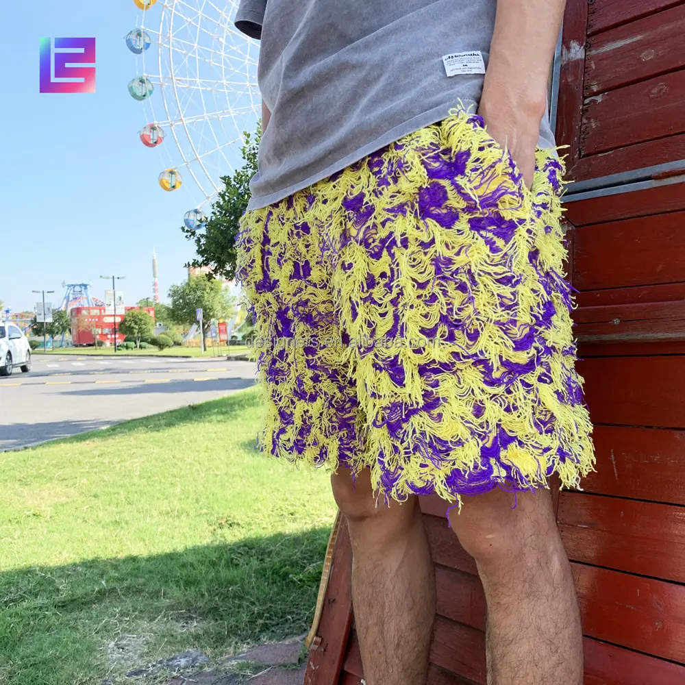 Atacado moda unisex fio tingido malha fuzzy mohair angustiado corte shorts streetwear homens e mulheres