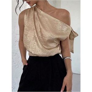 Women's Off Shoulder Satin Crop <b>Top</b> Asymmetric One Shoulder Wrap Tie Blouse Elegant Party Wear - Product Image 4