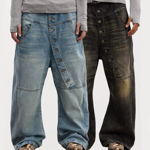 Custom Mud Printed <b>Jeans</b> Straight <b>Buttons</b> Eco-friendly High Quality 100% Cotton Vintage Washed Mud Men's Denim Baggy <b>Jeans</b> - Product Image 3
