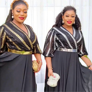 Nouvelle Collection 2024 Africaine : Robe Kanga Élégante à Manches Courtes en Spandex Respirant, Broderie et Paillettes, Rayée, pour Femme Adulte – Idéale pour les Fêtes - Product Image 2