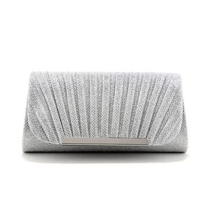 <b>Silver</b> Glitter Evening Clutch <b>Bag</b> Fan Pleated Design Metallic Bar Closure Formal Party Handbag with Detachable Chain Strap - Product Image 1