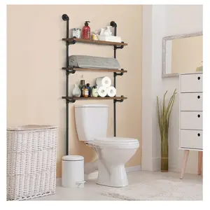 Wall Mounted Rustic Industrial Pipe Over-The-Toilet Storage Shelf with Burnt Solid Wood 3 Tier Display Shelves for Bathroom