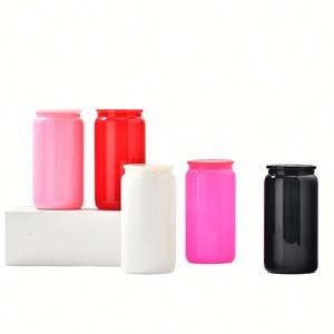 Taza de vidrio transparente para sublimación de 16 oz, estilo lata de cerveza colorida, con tapa de bambú y pajitas, desde almacén de EE. UU. - Product Image 1