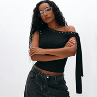 Atasan pendek wanita bergaya vintage, patchwork, asimetris, satu bahu, berdetail paku, ikat depan, tanpa lengan, pakaian klub, seksi, hitam, untuk acara malam hari