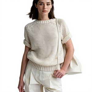 Pull tricoté minimaliste à col rond et manches courtes pour femme, en laine/acrylique écologique, imprimé numérique, avec doublure en laine – Vente en gros pour l'été - Product Image 3