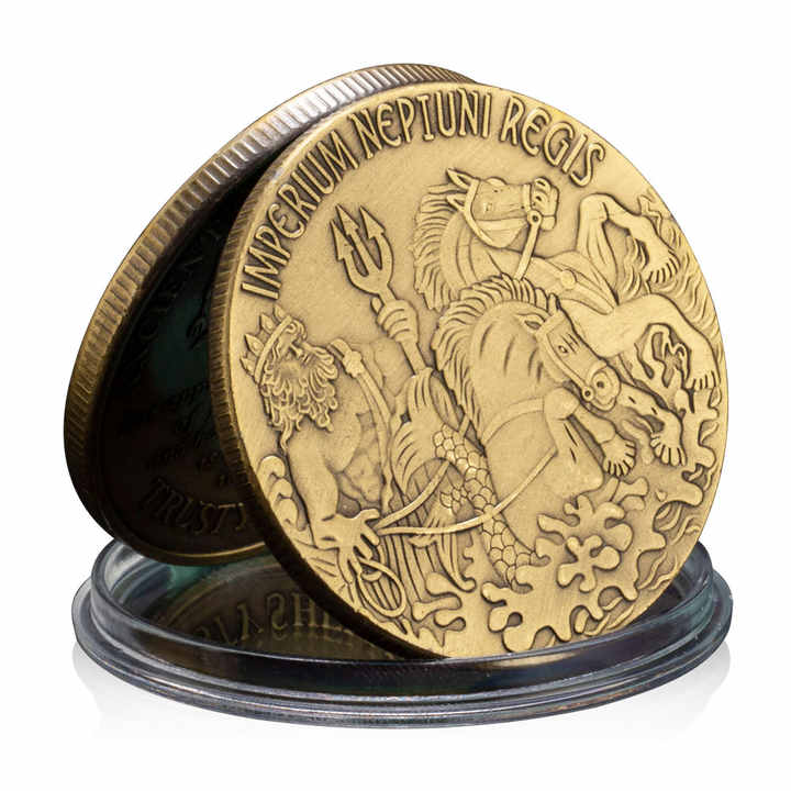 Poseidon Challenge Coin – Greek God Of Sea With Trident, Alloy Collectible Coin, 1.57 Inch
