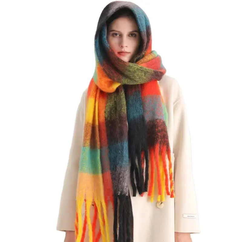 Custom Embroidery Winter Cashmere Warm Women Fluffy Blanket Scarf Plaid Stole Shawl Scarf for Women