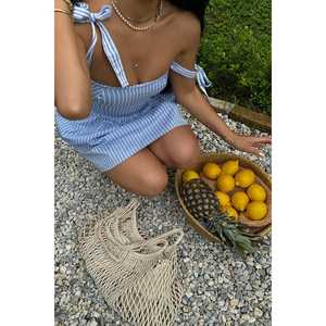 Robe mini vintage rayée bleue, en spandex de haute qualité, col sans bretelles, style élégant longueur ras du sol pour les journées printemps-automne, taille 2XL - Product Image 4