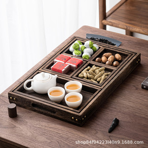 Juego de bandeja de té de madera maciza de Paulownia de 7 piezas, bandeja de servir de madera retro envejecida para uso doméstico. - Product Image 4