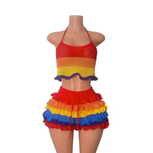 Women's Colorful Striped Knit Halter Top With Ruffled Shorts <b>Sexy</b> 2-Piece <b>Set</b> Fashion - Product Image 6