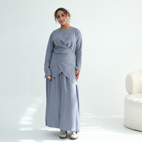Ensemble Abaya Islamique Modeste de Dubaï, Blouse Élégante à Encolure Croisée et Ourlet Superposé, Jupe Évasée, Tenue 2 Pièces pour Femmes, Mode Hijab, Modal
