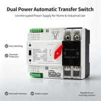 ATS Transfer Otomatis Daya Ganda untuk 2P PV 220V 230V 63A 100A 125A Din Rail PC Fasa Tunggal Kapasitas Pemutusan 6kA