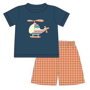 Boyis ชุดเสื้อผ้าแขนสั้นสำหรับเด็กผู้หญิงเสื้อผ้าบูติกปักลายเฮลิคอปเตอร์ - Product Image 1