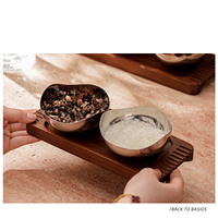 Ensemble de bols en acier inoxydable poli miroir avec base en bois rainurée 24cm 33cm, pour servir les noix, les sauces et les condiments, deux ou trois bols