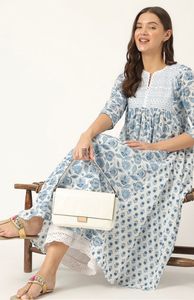 Kurta en coton imprimé fleuri pour femmes avec pantalon ensemble demi-manches col en V pour les filles vêtements de fête gris blanc pour les saisons d'été et d'hiver - Product Image 3