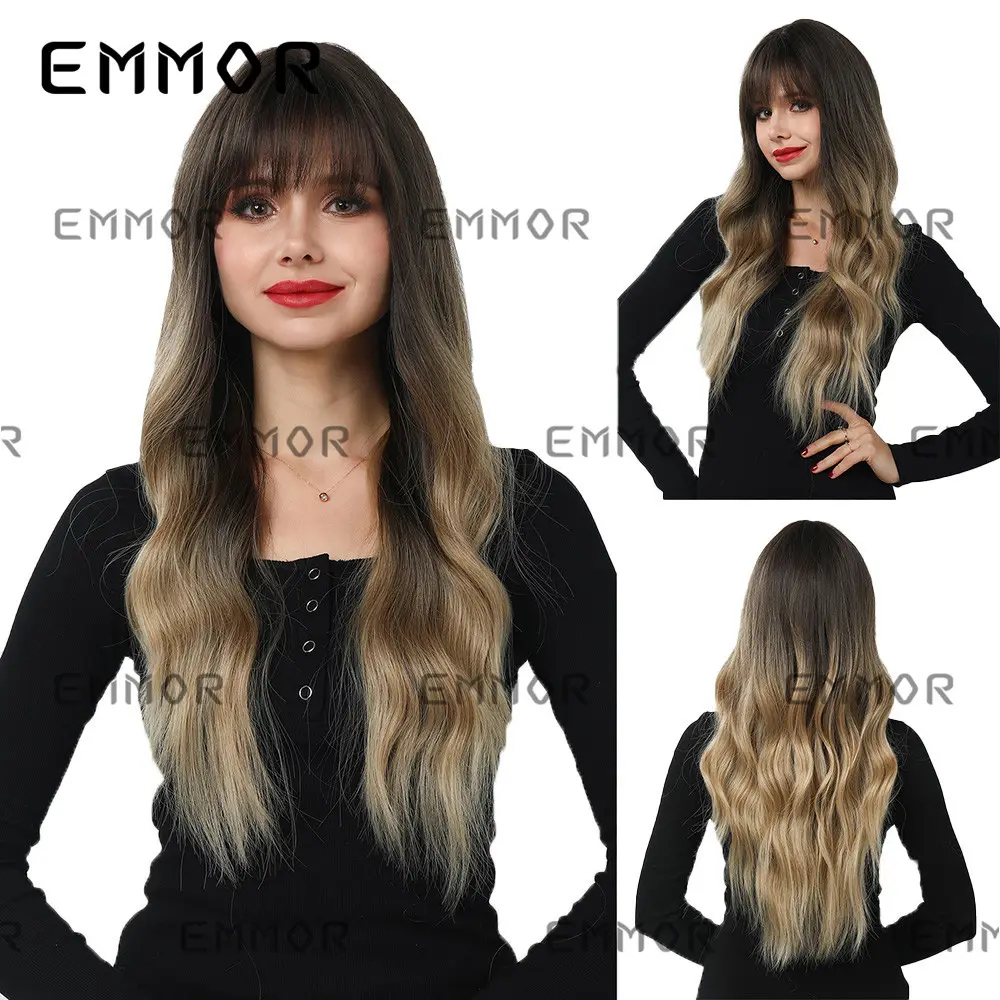 Long Ombre Black To Brown Body Wave Synthetic Wigs With Bangs For Women Heat Resistant