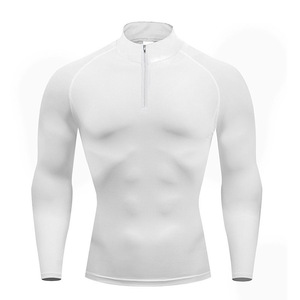 Camiseta de manga larga para <span class=keywords><strong>hombre</strong></span> Europeo Americano, informal, sólida, para correr, deportes, Otoño, cuello levantado, cremallera, mono elástico - Product Image 2