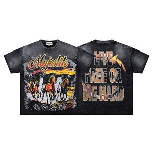 USA Streetwear Washed Cotton All Over Print T Shirt Distressed Frayed Raw Hem <b>Rhinestone</b> Graphic Loose Fit Short Sleeve <b>Top</b> - Product Image 4