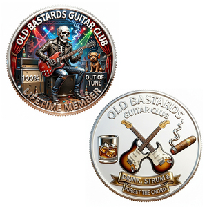 En gros, Pièces de collection commémoratives plaquées métal du Club de Guitare Old Bastards, Pièces de défi de guitariste à motif squelette rond, Cadeaux amusants - Product Image 1
