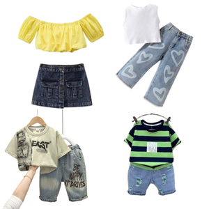 Ensembles de vêtements en coton pour enfants, fabriqués en usine, avec t-shirt et short en jean pour filles et garçons, tenues d'été, Terno pur. - Product Image 5