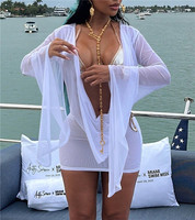 Robe moulante mini sexy en maille transparente pour femme, manches longues, col en V profond, robes asymétriques