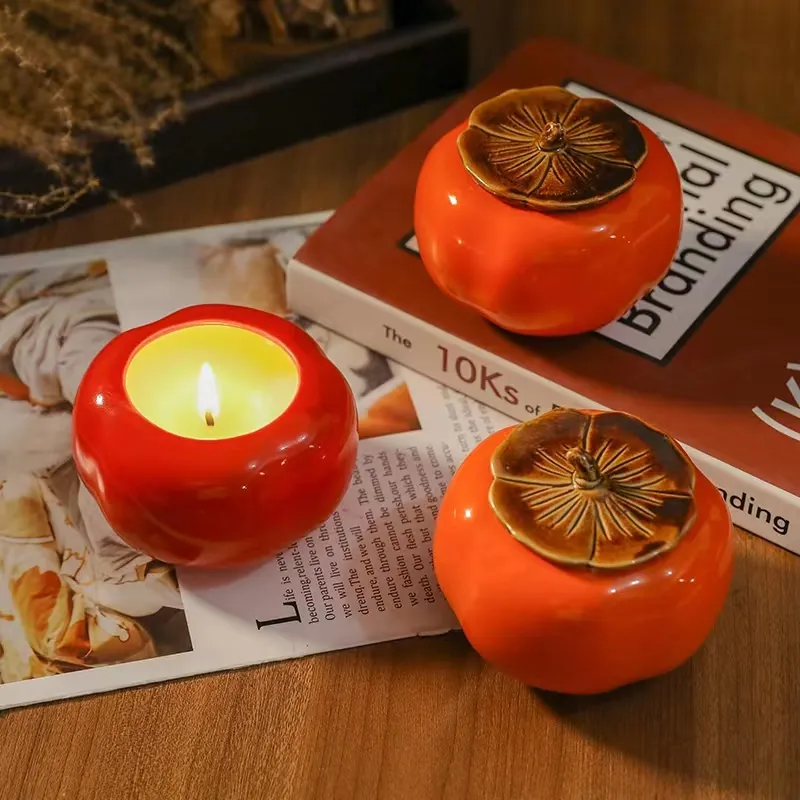 Persimmon Pembakar Minyak Esensial Aromaterapi Timah Teh Keramik, Tempat Lilin Sinar Teh Keramik Kreatif