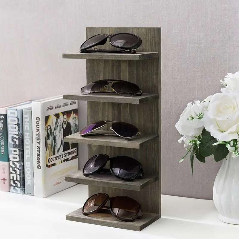 حامل نظارات 5 طبقات بتصميم رمادي عتيق من الخشب الصلب يمكن تركيبه على الحائط أو على سطح المكتب حامل تخزين لعرض الهاتف