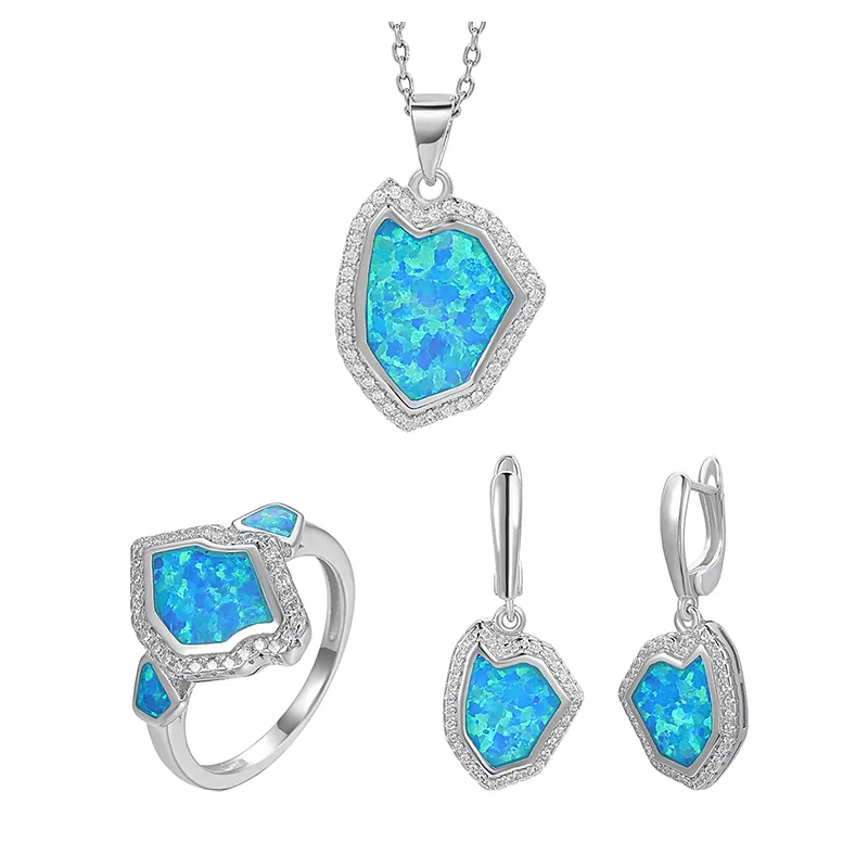 XYOP 925 Silver Gift Artificial Blue OPAL Connotation Geometric Set Earrings Necklace Ring Zircon Jewelry