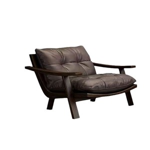Nordic Style Solid Wood Leather Recliner Chair Living Room Bedroom Casual Retro Designer Tea Chair - Product Image 1