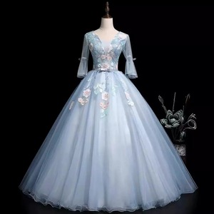 Light Blue V-neck Chiffon Ball Gown Dress With Floral Embroidery Empire Waistline For Evening Events - Product Image 1