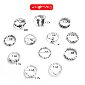 Vintage Alloy <b>Rings</b> Set 12pcs Antique Silver Plated Wings <b>Moon</b> Heart Leaf V Shape Women's Fashion Jewelry Party Accessories - Product Image 4