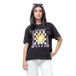 Camiseta de Manga Corta con Cuello Redondo Negra Estampada con la Frase Think Feel Happiness Positivity, Talla Grande para Mujer, Tejido Jersey Informal - Product Image 1