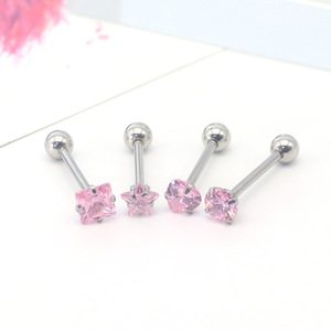 Piercing de Langue et de Lèvre en Acier Inoxydable avec Zircon Rose, Sertissage à Griffes, Formes Étoile, Cœur, Carré, Rond – Bijou Corporel - Product Image 5