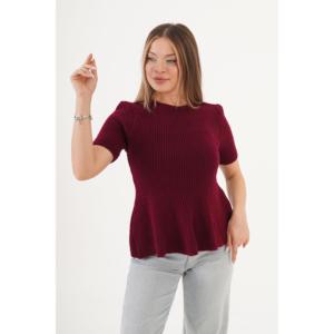 Pull en gros pour femmes, couleur bordeaux, style décontracté, manches courtes, ourlet à volants, décoration boutonnée, tricot imprimé pour l'été et l'hiver - Product Image 3