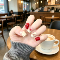 24 faux ongles souples à presser pour la Saint-Valentin, motifs lapin, fleur et cœur rouges et nus, brillants, réutilisables, avec autocollants adhésifs, pour un manucure DIY mignonne