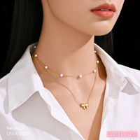 Collar de Doble Cadena con Colgante de Lazo y Flor en Acero Inoxidable Chapado en Oro, Joyería Chic Impermeable para Mujer, Venta al Por Mayor