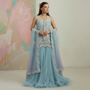 <b>Light</b> <b>Blue</b> Silk <b>Lehenga</b> Choli Set Floor-Length Traditional Indian Pakistani Party Wear for Women Quick Dry Wrinkle Free Features - Product Image 1