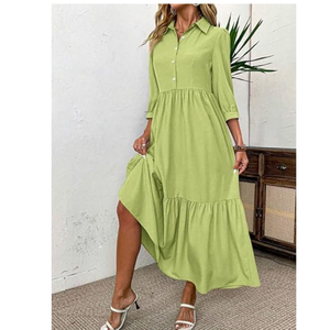 Robe décontractée vert clair à volants avec col boutonné devant et manches trois quarts, parfaite pour le printemps et le quotidien - Product Image 1