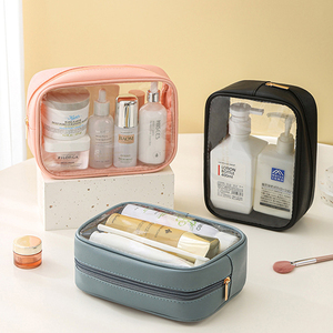 Women Clear Makeup Organizer Pouches Tote Travel Toiletry Bags Transparent PVC + PU Cosmetic Bag