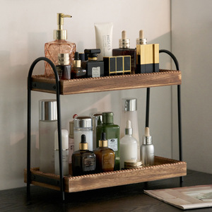 Étagère de rangement de bureau à double couche en bois massif et fer forgé Yawangfu, organisateur multi-usages pour cosmétiques, salle de bain, cuisine - Product Image 1