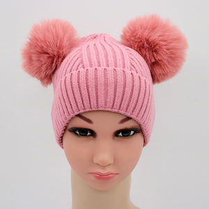 Double Pompom Knit Ribbed Kids Beanie Baby Hat <strong>Hand</strong> <strong>Gloves</strong> Set - Product Image 4