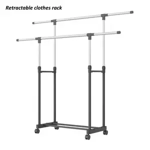 כפול מוט נשלף בגדי קולב stand rack ייבוש בגדים עם גלגלים ביתי מתכת מתלה