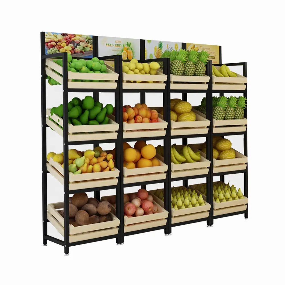 מתכת סופרמרקט מדף עיצוב עץ מדפי ירקות מתכת חנות מכולת תצוגת מדף עם מחיר נמוך