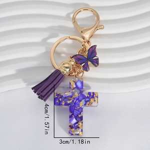 Porte-clés Croix Chrétienne en Résine Bleu/Violet/Rose avec Breloque Papillon et Pompon – Décoration Suspendue Élégante pour Hommes et Femmes – Vente Flash - Product Image 4
