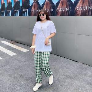 กางเกงขายาวทรงกระบอกเอวสูงผ้าฝ้ายใยไผ่ระบายอากาศได้ดีสีเขียวลายตารางสำหรับผู้หญิงไซส์ใหญ่ รุ่น N7626 - Product Image 4